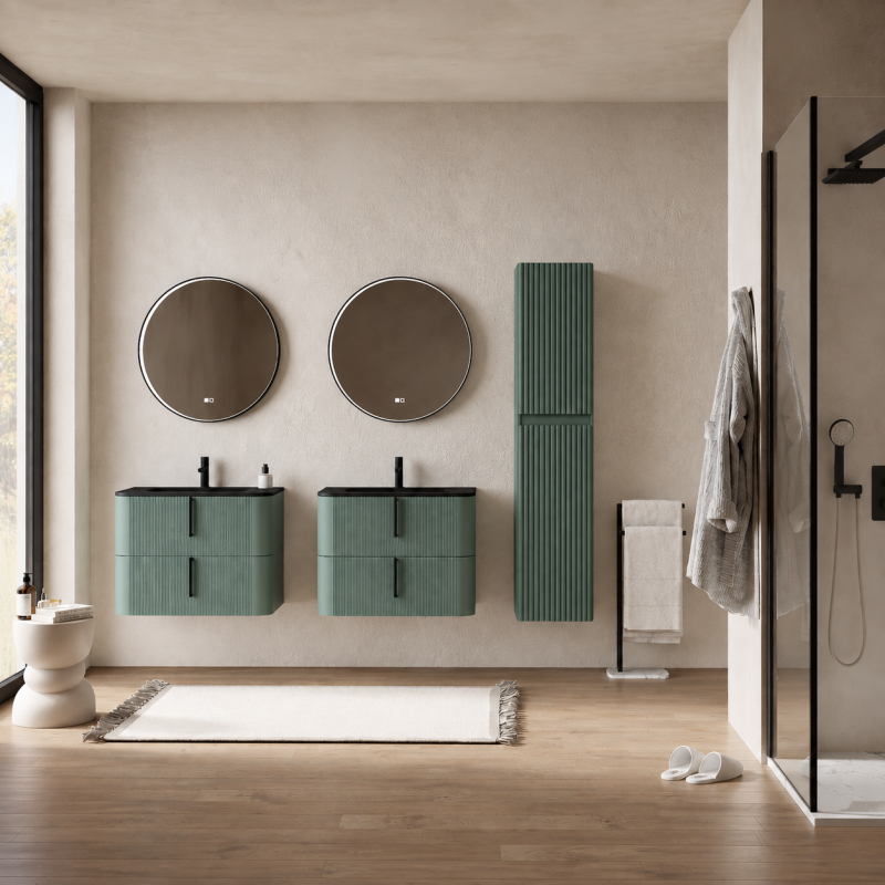 Dulap baie suspendat Fluminia Pisa, front riflat, 2 uși Soft Close, MDF, 31,4 x 31,5 x 130 cm, verde Italia
